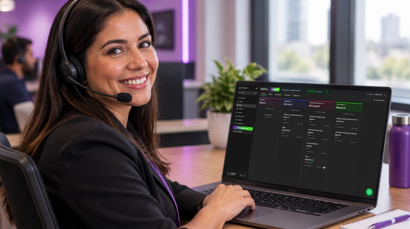 Vendedora de provedor com o CRM do OmnieTalk no notebook